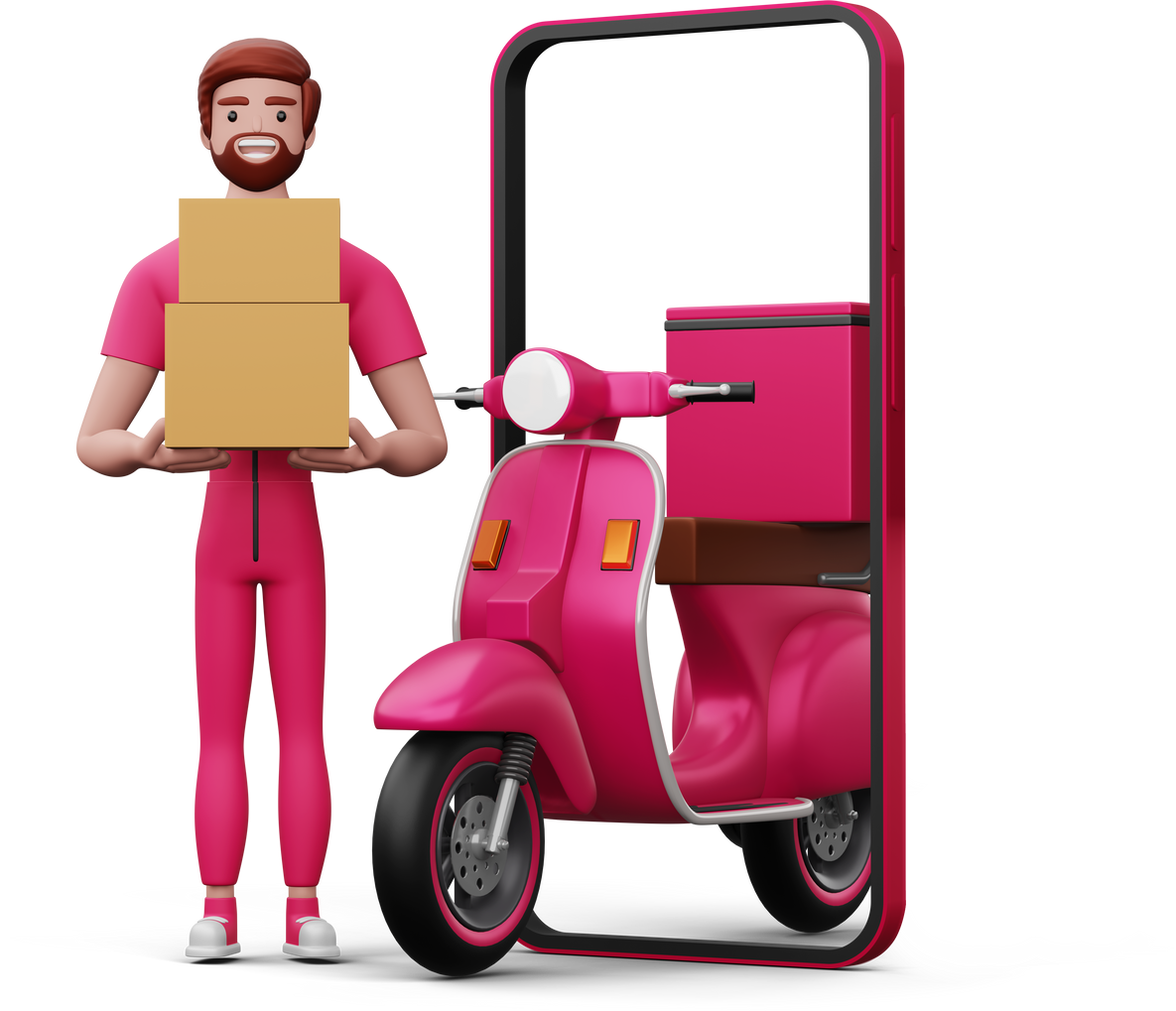 Delivery Man with Parcel Box and a Motorcycle, 3D Rendering